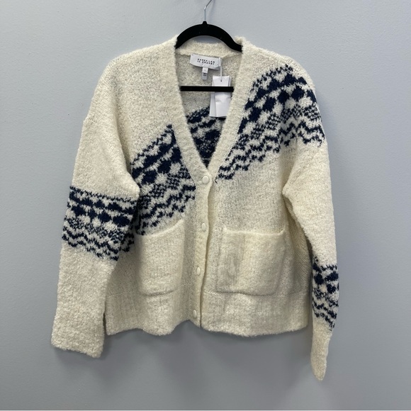10 Crosby Derek Lam Sweaters - Derek Lam 10 Crosby Bette Fair Isle Cardigan in White & Navy - Size L - NWT